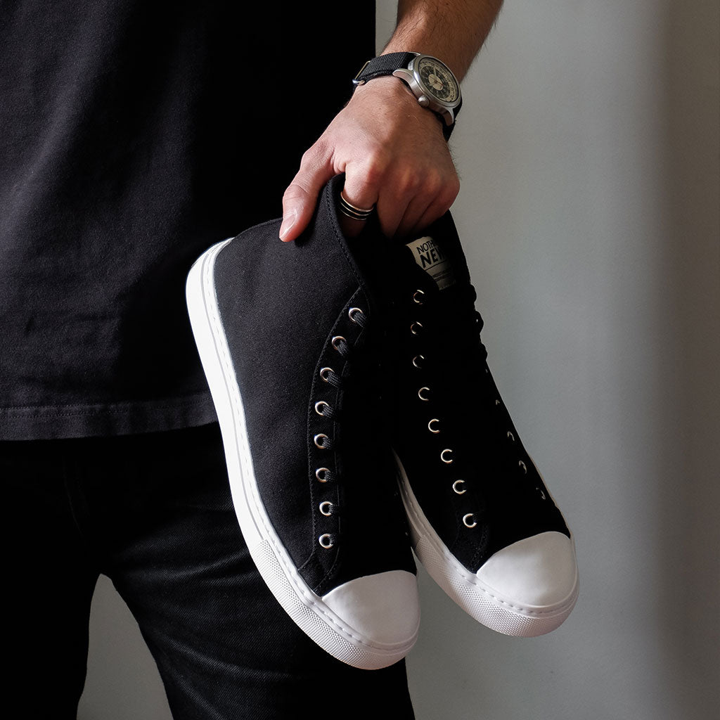 Men's Black Shoes: High Top & Low Top Styles.