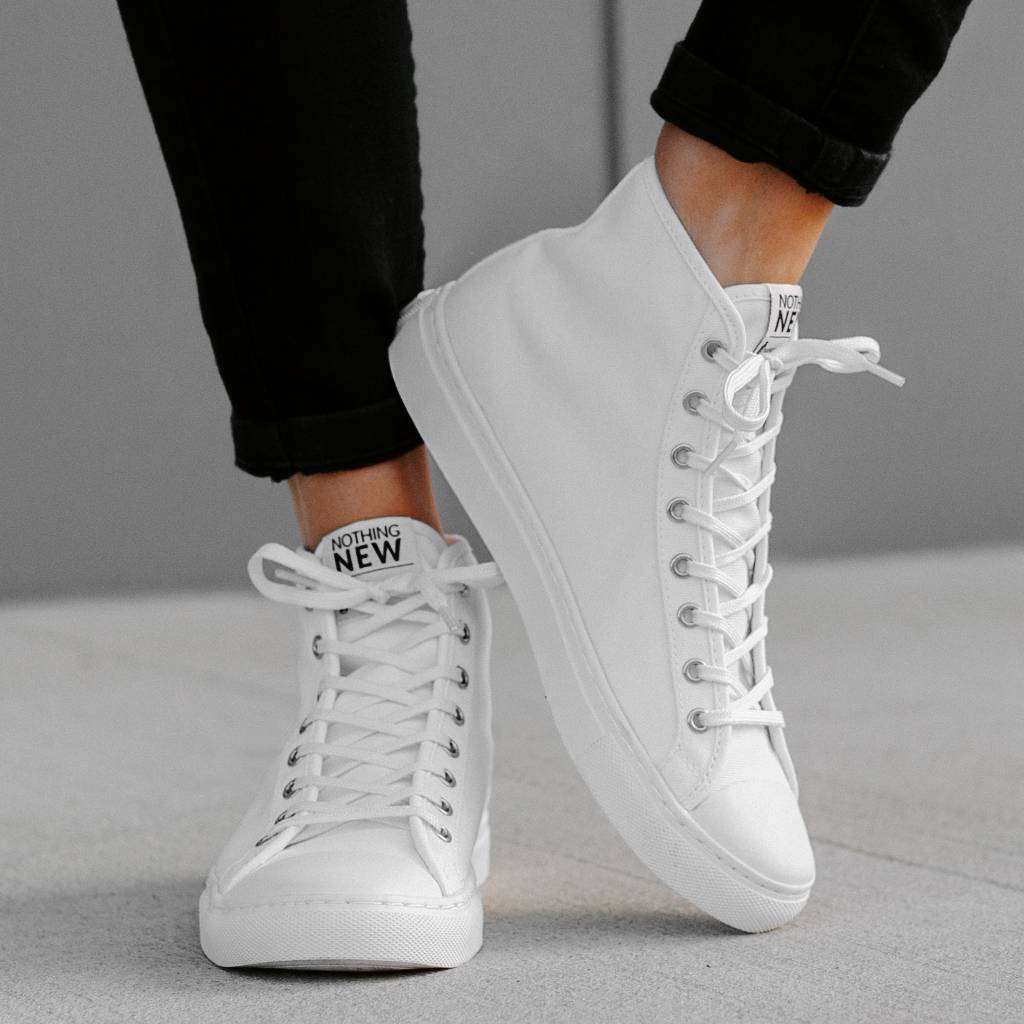 Women s High Top Designer Sneaker in White Canvas Nothing New